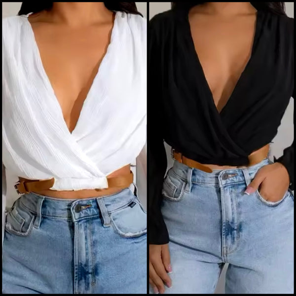 Women Belted Fashion Full Sleeve Crop Top