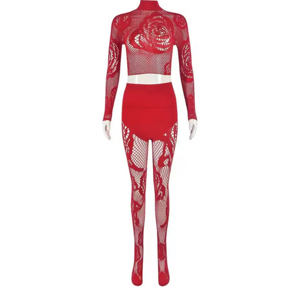 Women Sexy Fashion Full Sleeve Mesh Feet In Two Piece Pant Set