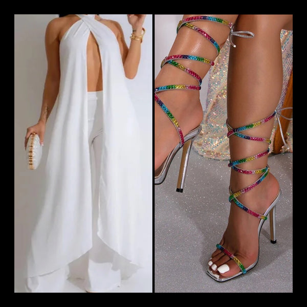 Women Colorful Bling Lace Up High Heel Fashion Sandals