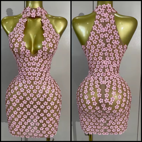 Women Pink Halter Sleeveless Sexy Floral Mesh Dress