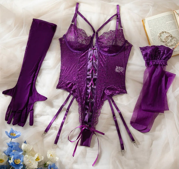 Women Sexy Lace Tie Up Bodysuit Lingerie Set