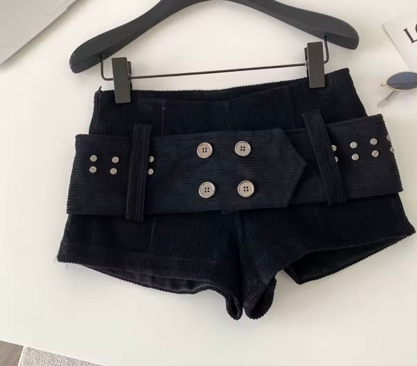 Women Fashion Corduroy Button Belted Shorts