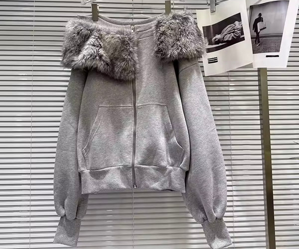 Women Gray Off The Shoulder Zip Up Fashion Two Piece Pant Set