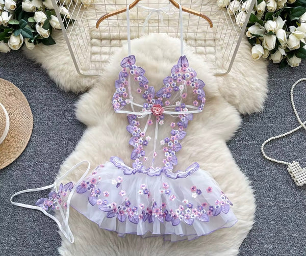 Women White Floral Print Sexy Mesh Lingerie Set