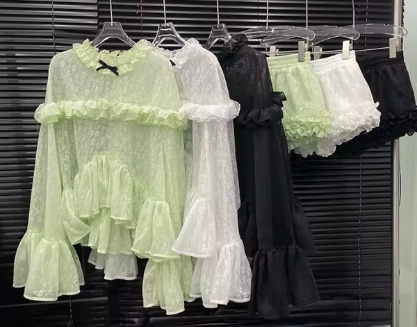 Women Ruffled Lace Full Sleeve Two Piece Short Set
