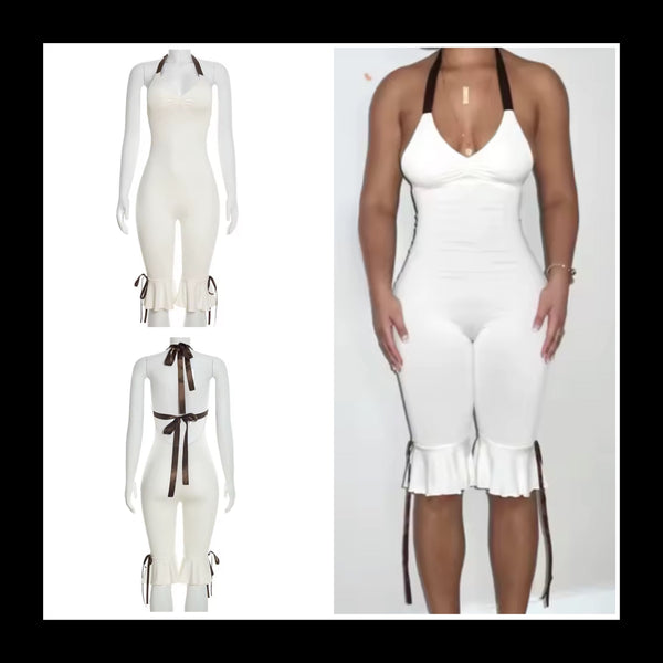Women Sexy White Halter Sleeveless Ruffled Romper