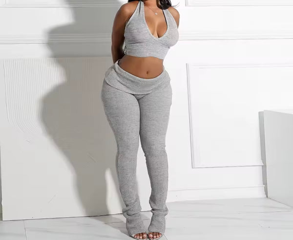 Women Sexy Halter Sleeveless Ribbed Two Piece Pant Set