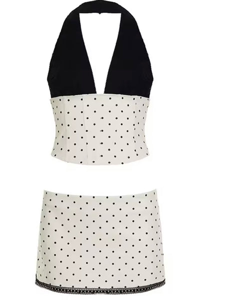 Women Sexy B&W Polka Dot Halter Two Piece Skirt Set