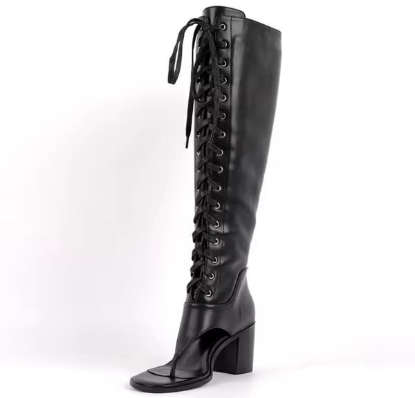 Women Black Open Toe Lace Up Square Heel Knee High Boots