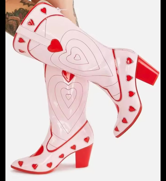 Women Fashion Color Patchwork Heart Knee High Western Boots