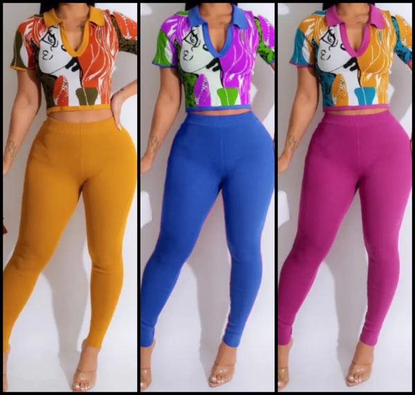 Women Fashion Printed Short Sleeve Crop Two Piece Pant Set