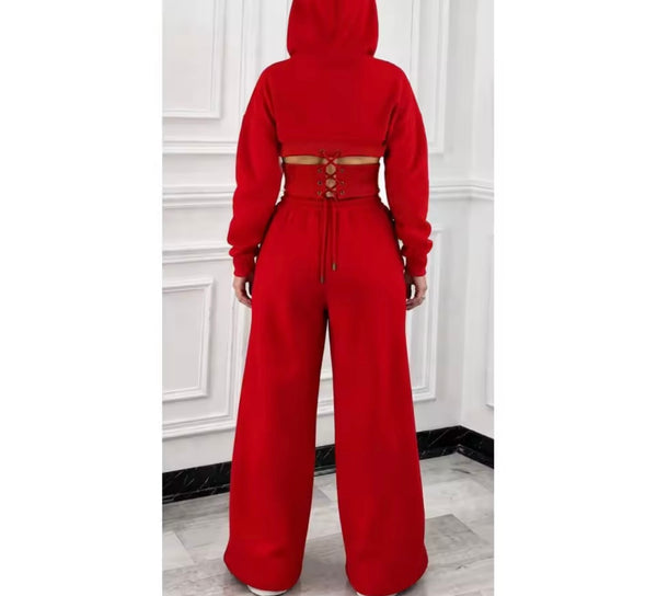Women Hooded Open Lace Up Back Two Piece Pant Set