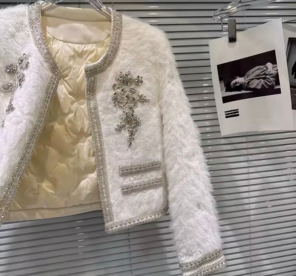 Women White Rhinestone Sequins Quilted Blazer Two Piece Skirt Set