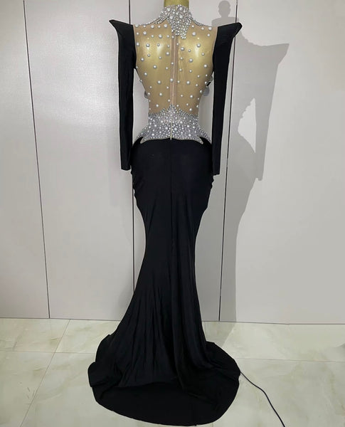 Women Sexy Rhinestone Pearl Mesh Patchwork Maxi Dress