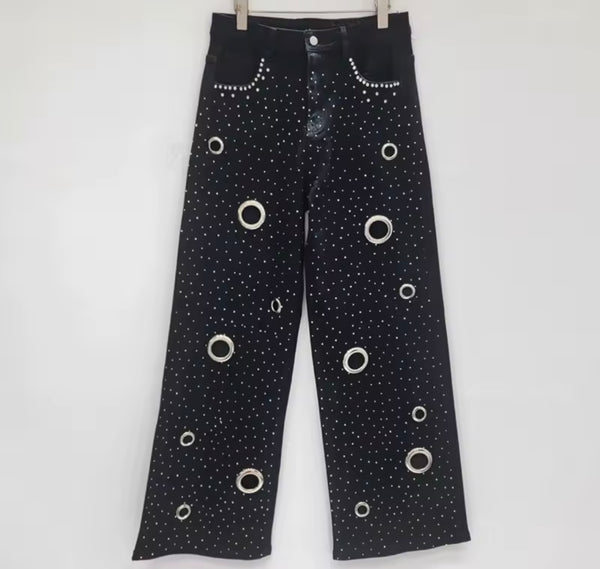Women Fashion Black Bling Metal Ring Vest Two Piece Denim Pant Set