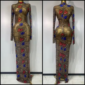 Women Sexy Color Patchwork Heart Printed Bling Mesh Maxi Dress