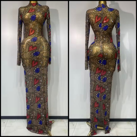 Women Sexy Color Patchwork Heart Printed Bling Mesh Maxi Dress