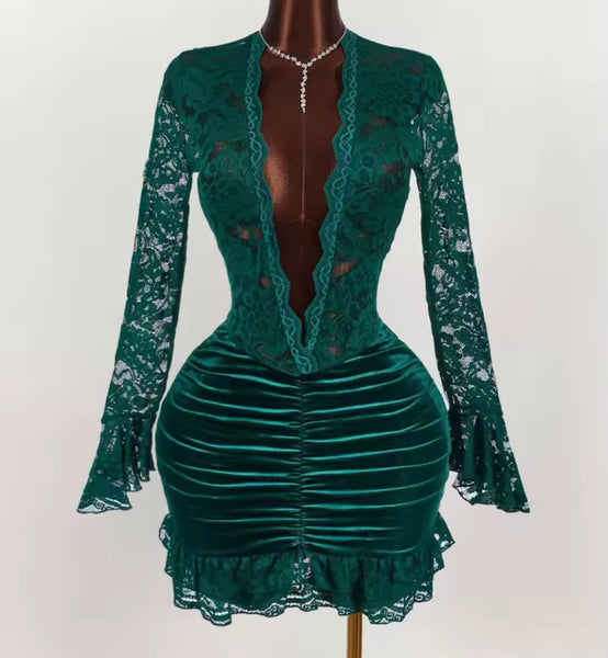Women Sexy V-Neck Lace Full Sleeve Ruched Velour Dress