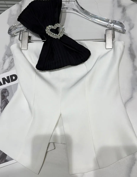 Women Sexy Strapless B&W Bling Bow Crop Top