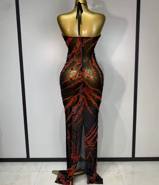 Women Black Halter Sleeveless Red Rhinestone Sexy Maxi Dress