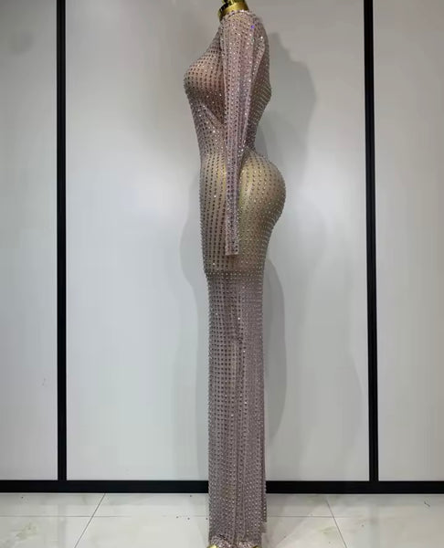 Women Sexy See Through Mesh Bling Full Sleeve Maxi Dress