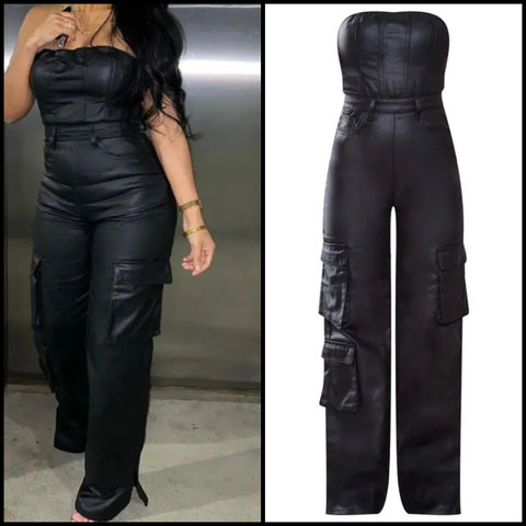 Women Sexy Strapless Cargo Fashion Faux Leather Jumpsuit