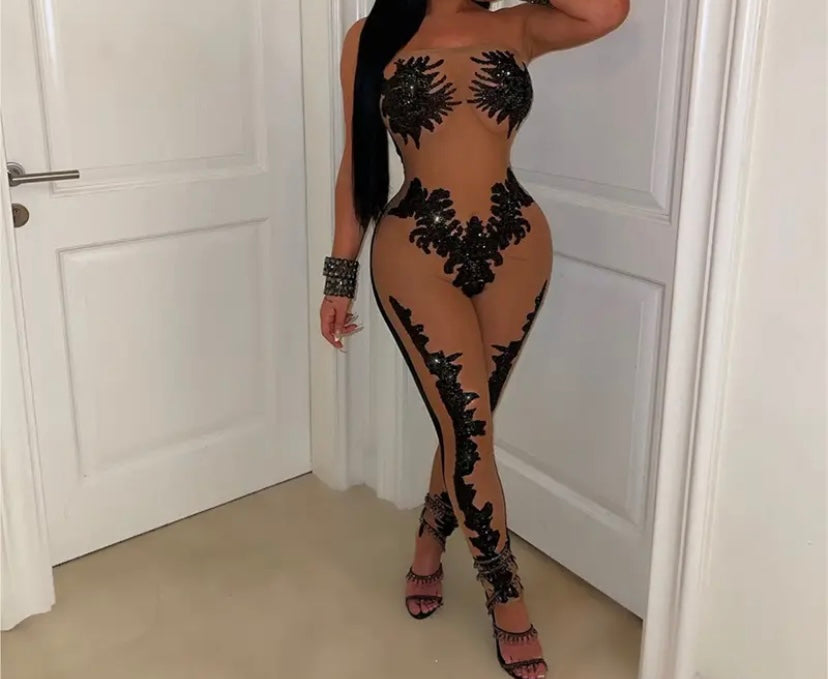 Women Sexy Strapless Sequins Mesh Patchwork Jumpsuit