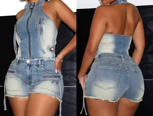 Women Halter Sleeveless Zip Up Denim Two Piece Short Set