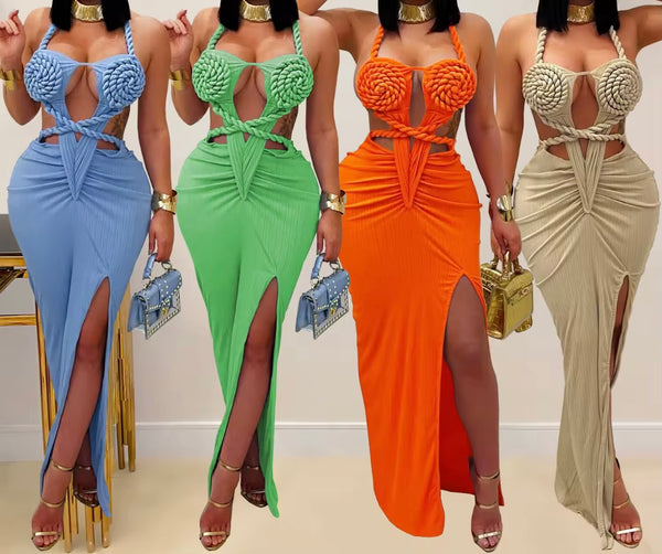 Women Halter Sleeveless Open Back Color Sexy Maxi Dress