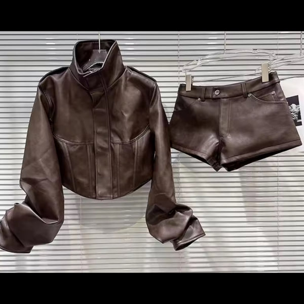 Women Fashion Brown Faux Leather Jacket Two Piece Short Set