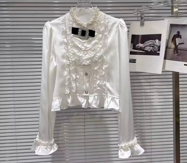 Women Ruffled Bling Button Up Bow Tie Full Sleeve Fashion Top