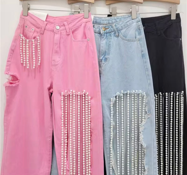 Women Color Cut Out Bling Pearl Tassel Denim Pants