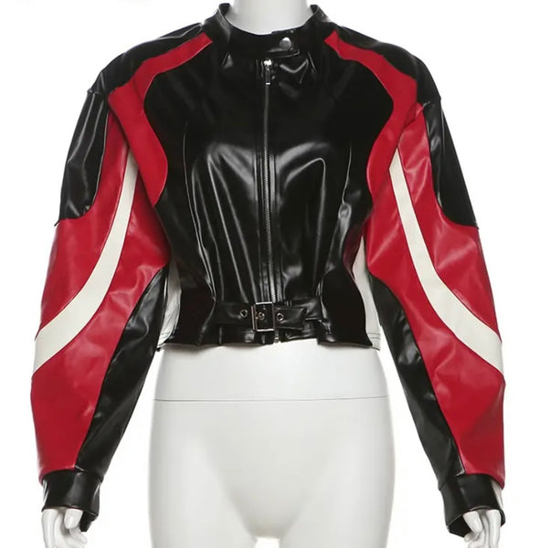 Women Fashion Color Patchwork Zip Up Buckled Faux Leather Jacket