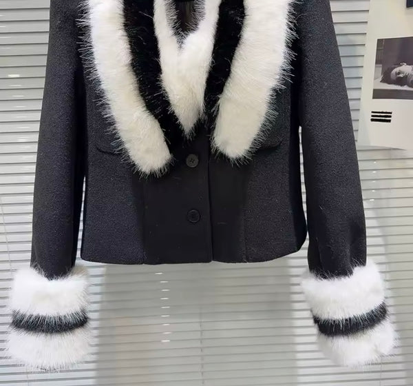 Women Fashion B&W Faux Fur Patchwork Jacket