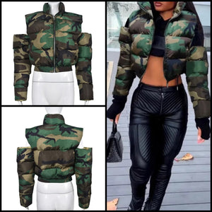 Women Fashion Camouflage Cut Out Puff Jacket