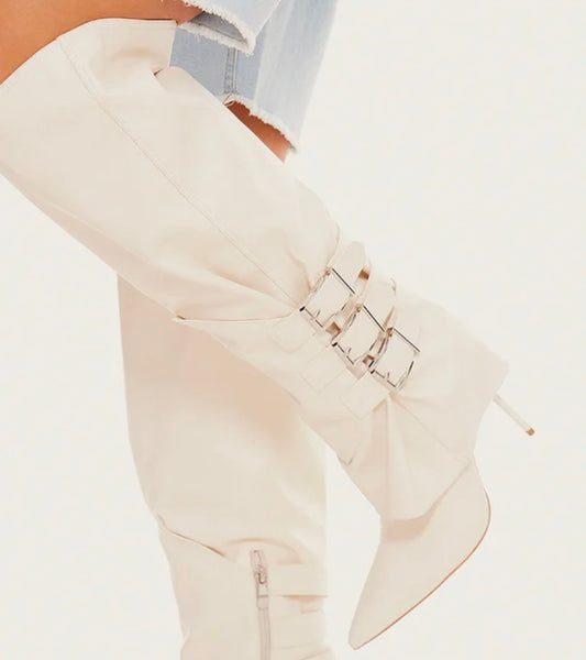 Women Pointed Toe Buckled Fashion Faux Leather Knee High Boots
