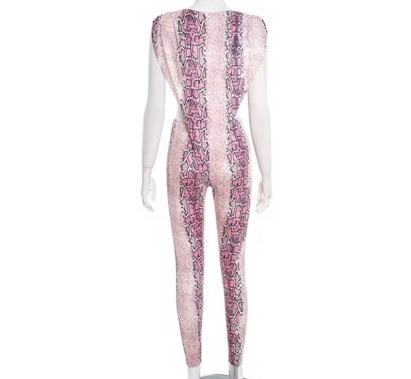 Women Sexy Sleeveless Pink Serpentine Two Piece Pant Set