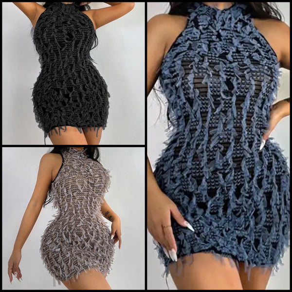 Women Sexy Sleeveless Color Fringe Mesh Dress