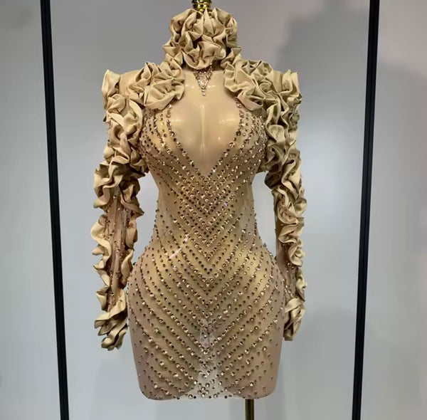 Women Gold Ruffled Rhinestone Full Sleeve Mesh Dress