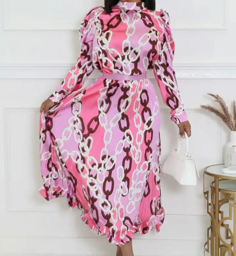 Women Sexy Printed Full Sleeve Maxi Pleated Dress