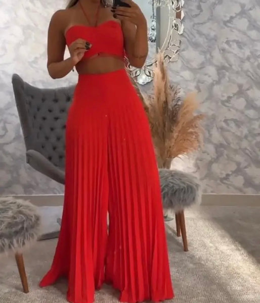 Women Red Sexy Sleeveless Two Piece Pleated Pant Set