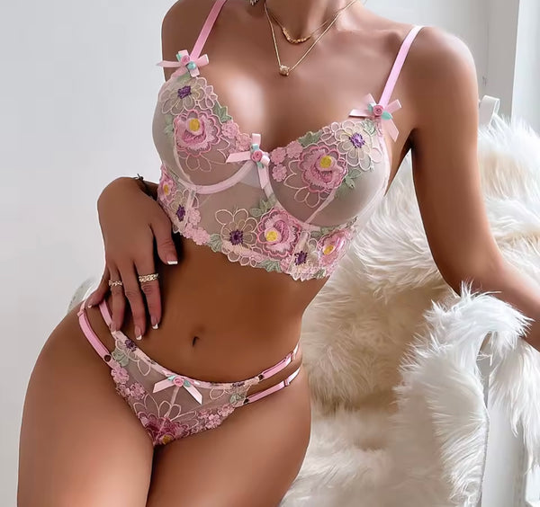 Women Sexy Pink Floral Mesh Lingerie Set