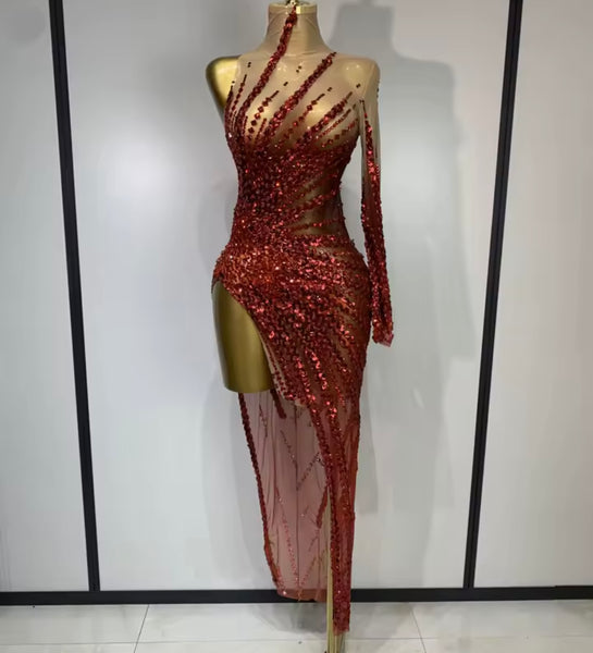 Women Sexy One Shoulder Full Sleeve Sequins Crystal Mesh Dress