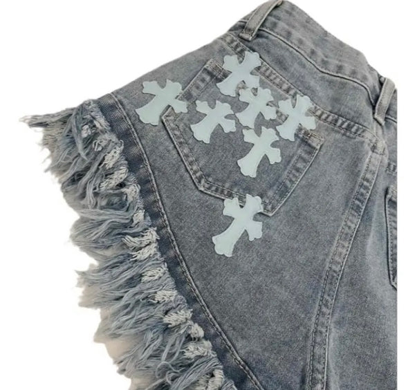 Women Fashion Fringe Color Cross Denim Shorts