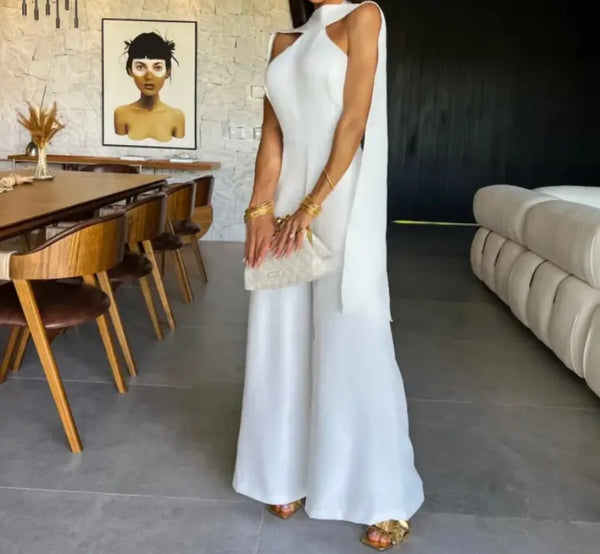 Women White Sexy Sleeveless Wide Leg Jumpsuit