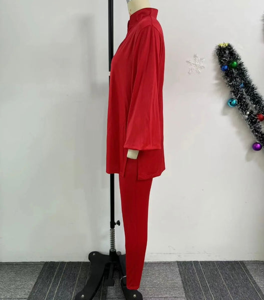 Women Fashion Solid Color Full Sleeve Tunic Top Two Piece Pant Set