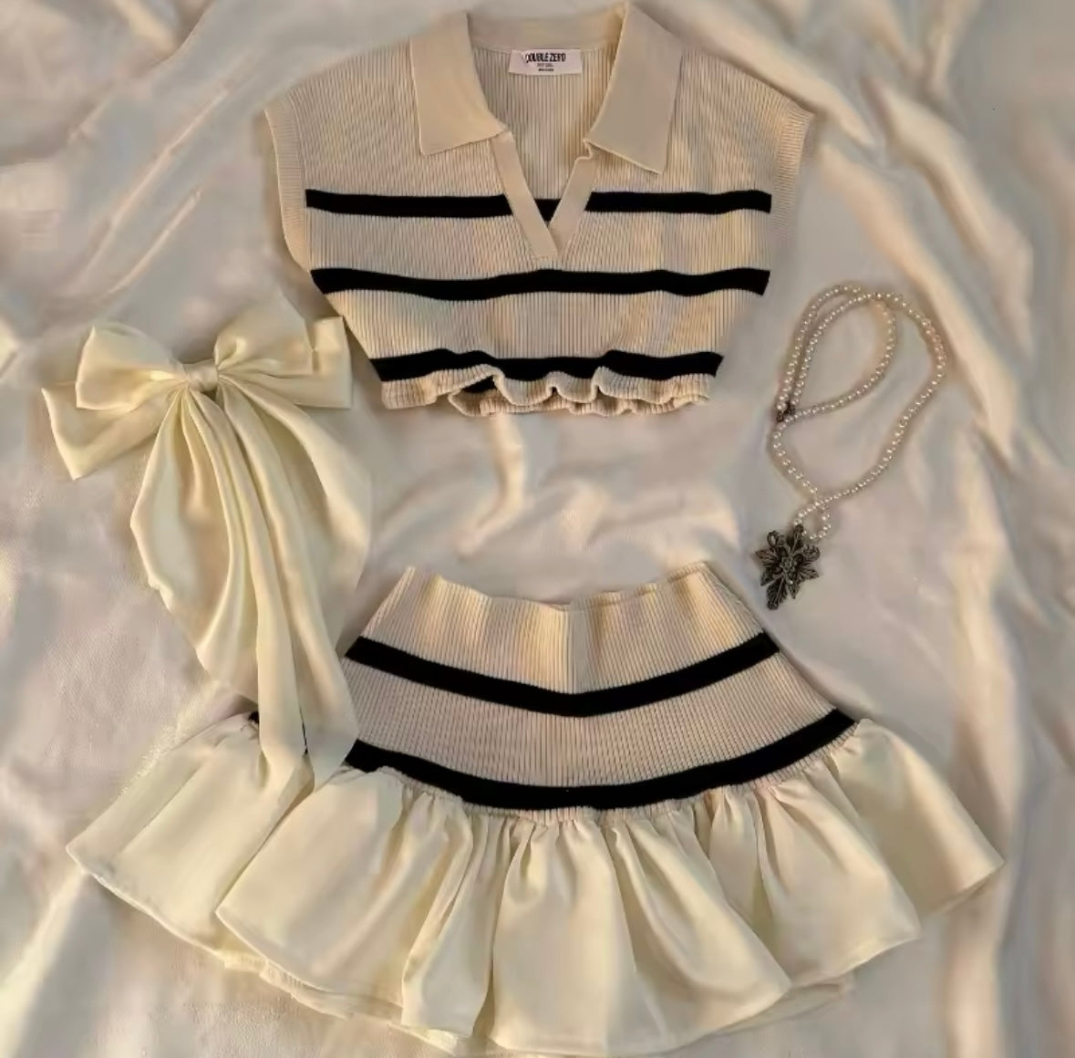 Women Sexy Collar Sleeveless Striped Two Piece Skirt Set