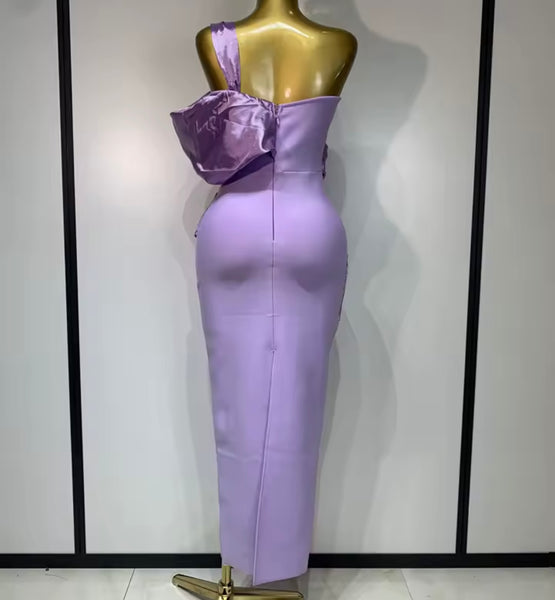 Women One Shoulder Strapless Draped Purple Maxi Dress