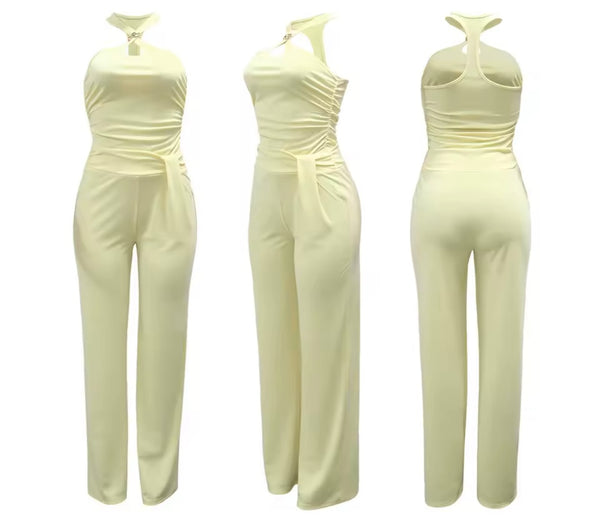 Women Sexy Halter Sleeveless Ruched Jumpsuit
