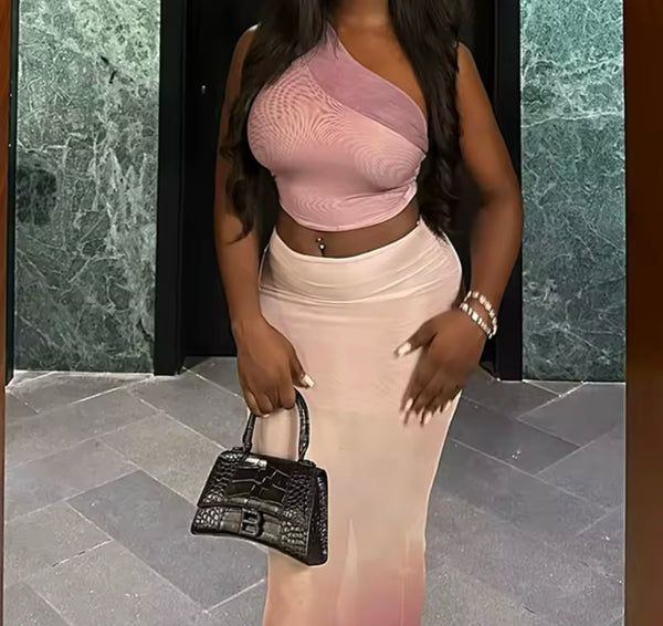 Women Sexy One Shoulder Sleeveless Gradient Two Piece Maxi Skirt Set